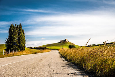 Road amidst plants on field against sky