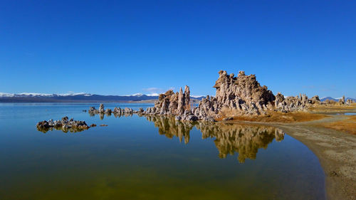 Scenic view of lake against clear blue sky