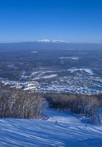 Scenic view of snowcapped mountains against blue sky