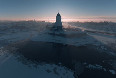 Aerial panorama of the historical center of vyborg in winter. view of the castle island. 
