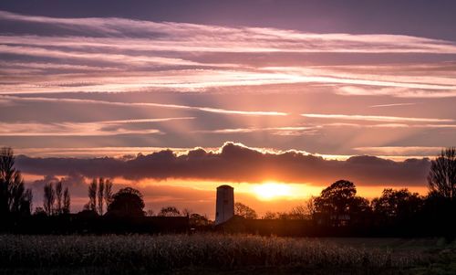 Silhouette trees on field against sky during sunset