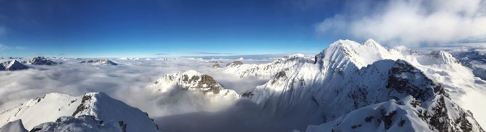 Panoramic view of snowcapped mountains against sky