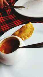 High angle view of breakfast served on table