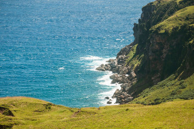 Scenic view of sea by cliff