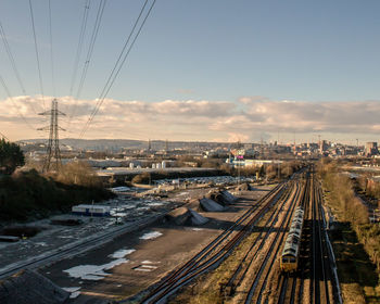 High angle view of railroad tracks against sky