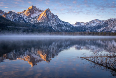 Scenic view of lake and snowcapped mountains against sky