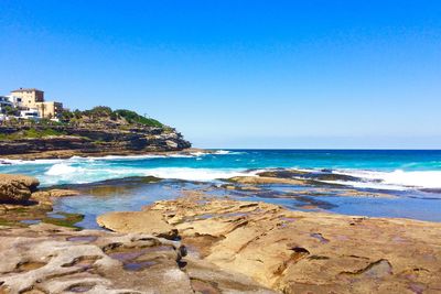 Scenic view of sea against clear blue sky