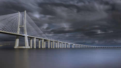 Suspension bridge over sea against sky