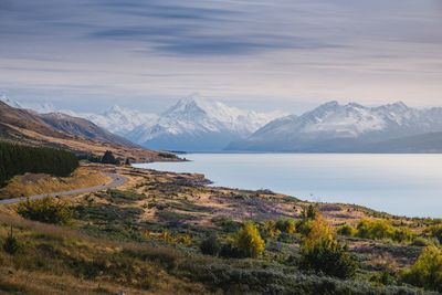 Scenic view of snowcapped mountains against sky