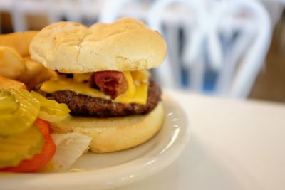 Close-up of burger in plate on table