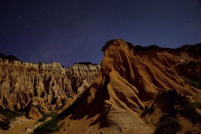 Panoramic view of rock formations at night