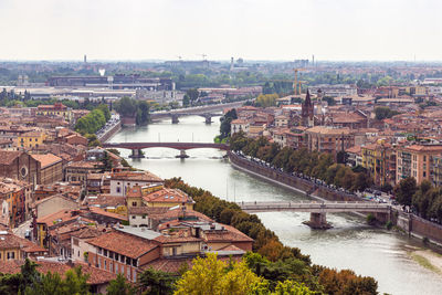 High angle view of river amidst buildings in city