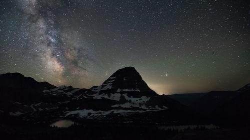 Scenic view of snowcapped mountains against sky at night