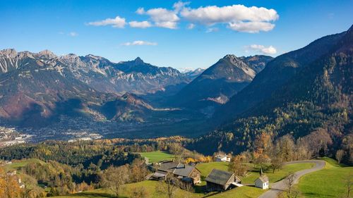 Panoramic shot of townscape against mountains