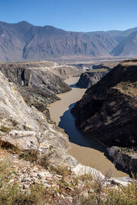 Scenic view of river by mountains against sky