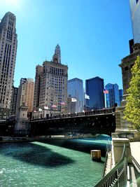 Bridge over river against buildings in city