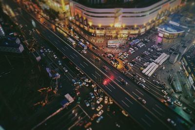 High angle view of illuminated city street