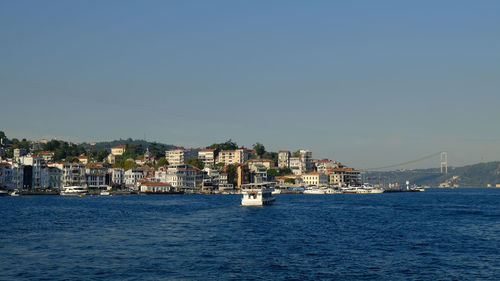 Buildings by sea against clear sky