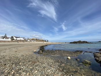 Scenic view of beach against blue sky