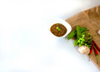 High angle view of salad in bowl on table