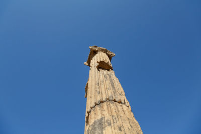 Low angle view of wooden post against clear blue sky