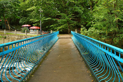 Vibrant blue wrought iron bridge in the park