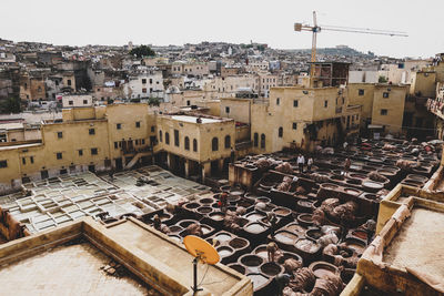 High angle view of the oldest tannery in fes, morocco
