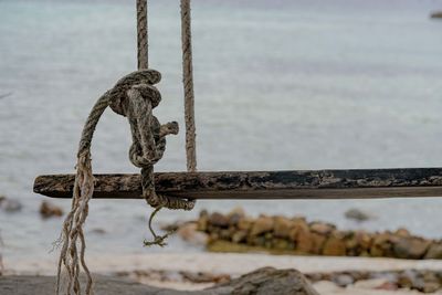 Close-up of rope tied on wood chain