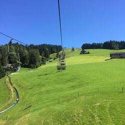 High angle view of overhead cable car on field against clear sky