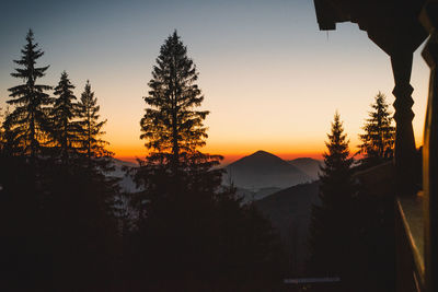 Silhouette trees on landscape against sky during sunset