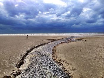 Scenic view of beach against cloudy sky