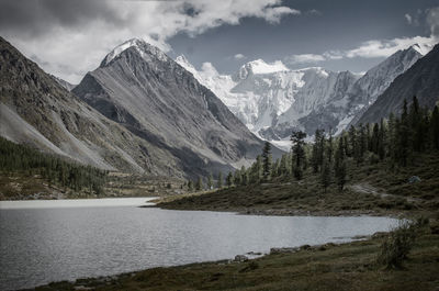 Scenic view of mountains and lake against cloudy sky