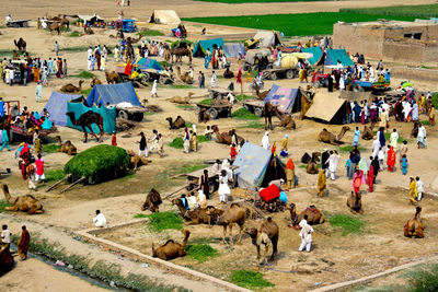 High angle view of people sitting on land