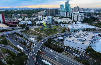 High angle view of street amidst buildings in city