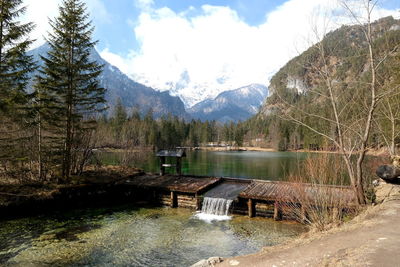 Scenic view of lake by mountains against sky