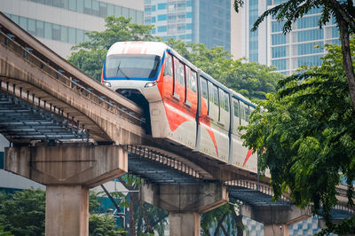View of monorail on elevated track in the city