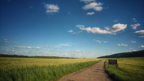 Road on grassy field against sky