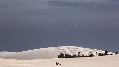 People riding horse on sand dune against sky