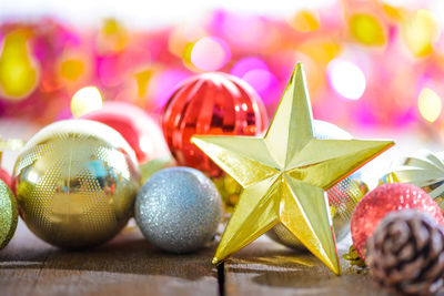 Close-up of christmas decorations on table