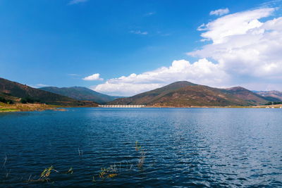 Scenic view of lake against blue sky