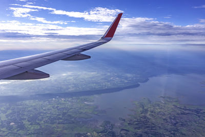 Aerial view of airplane flying in sky