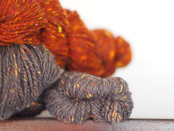 Close-up of orange on table against white background