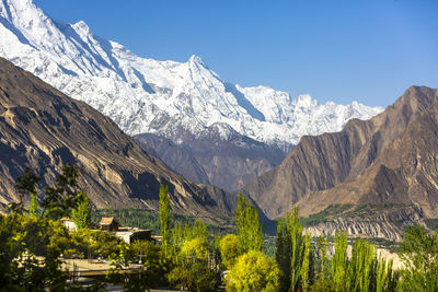 Scenic view of snowcapped mountains against clear sky