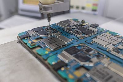 Close-up of circuit board on table