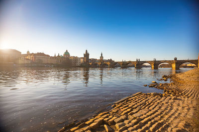 Bridge over river by buildings against clear sky