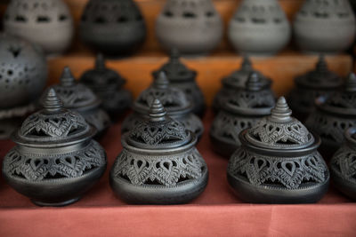 Black clay pottery for sale at koh kred or kret island, nonthaburi, thailand.