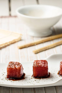 Close-up of cake in plate on table