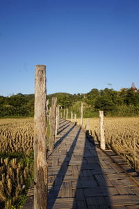 Wooden posts on footpath amidst field against clear blue sky