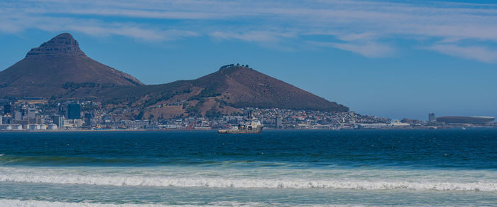 Scenic view of sea and mountains against sky