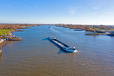 Aerial from shipping on the river lek near schoonhoven in the netherlands